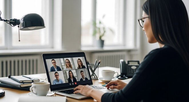 Woman on video conference call with colleagues working remotely from home office