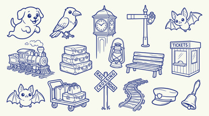 Collection of whimsical hand-drawn illustrations featuring travel and animal themes, including a train, luggage, and cute creatures. © zainab