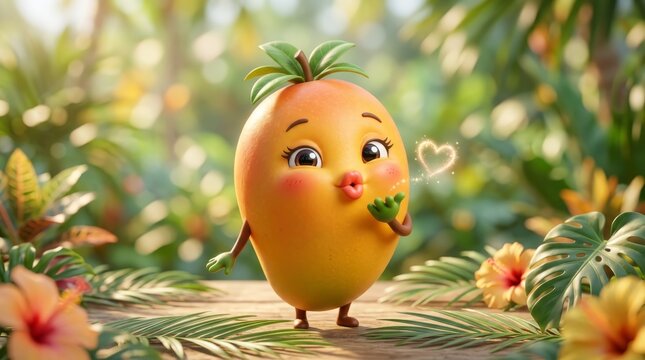 Cute Mango Character Blowing Kiss: A charming animated mango character, with rosy cheeks and big eyes, stands in a lush tropical garden.