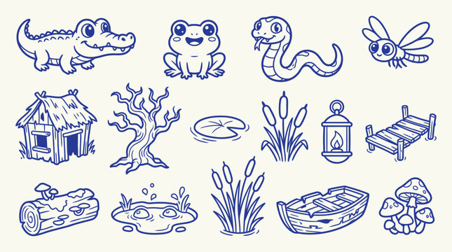 Collection of cute cartoon swamp and wetland elements, including animals, plants, and structures.