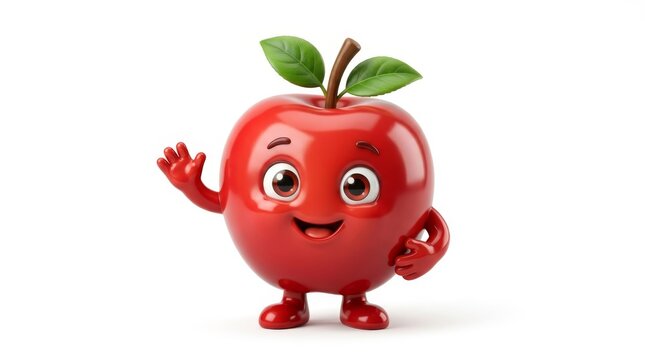 Smiling Apple Character Waving Hello: A cheerful, anthropomorphic red apple with a friendly face, arms, and legs waves a hand in greeting, ready to engage.