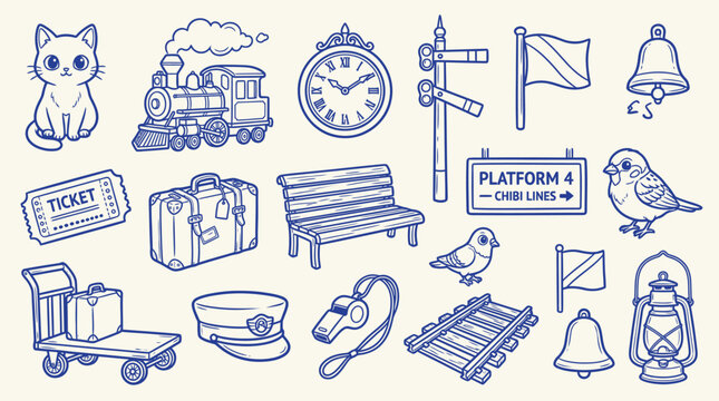Collection of charming hand-drawn illustrations related to train travel, including a cat, train, clock, luggage, and station elements.
