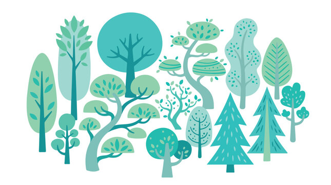 A collection of various stylized, minimalist trees in shades of teal and green, forming a whimsical forest against a plain white background.