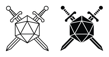 テーブルトークRPG用のD20ダイスと交差した剣