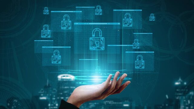 Digital Hand Reaching for Virtual Lock Icons Representing Data Security Concept in Modern Technology and Cyber Safety with City Background. Entropy.