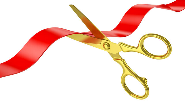 Gold Scissors Cutting Red Ribbon for Grand Opening Ceremony Concept