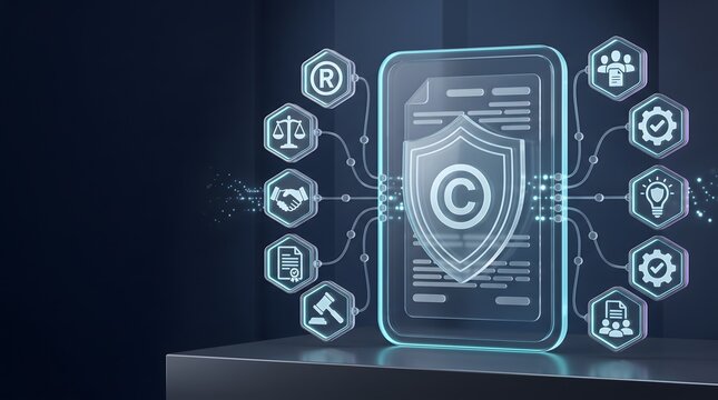 Corporate legal compliance and innovation protection interface displaying holographic copyright document and patent registration nodes on dark technology background