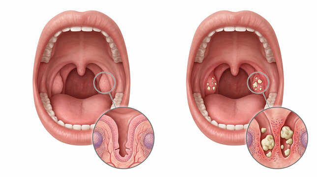Medical illustration comparing healthy tonsils and tonsils with tonsoliths or tonsil stones in a human mouth