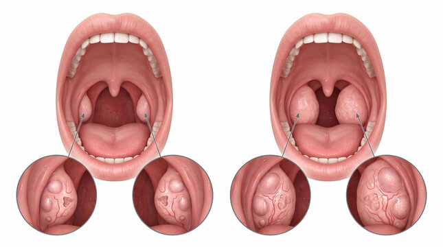 Medical illustration comparing healthy tonsils and inflamed swollen tonsils in the human throat for diagnosis of tonsillitis