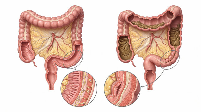Medical illustration comparing a healthy colon anatomy with a cross section showing signs of ulcerative colitis inflammation and tissue damage