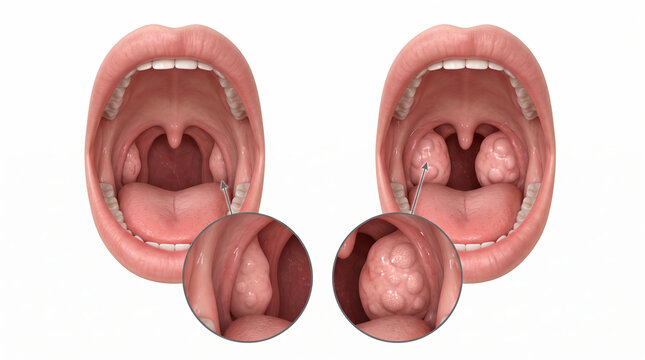 Anatomical comparison of healthy and inflamed tonsils within an open human mouth illustrating tonsillitis symptoms