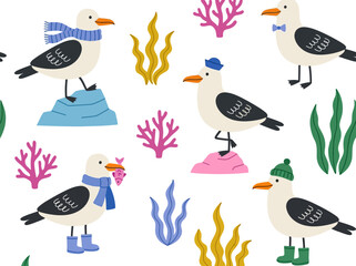 Obraz premium Seamless Pattern of Cute Cartoon Seagulls with Nautical Accessories, Coral, and Seaweed. Whimsical Marine Birds for Kids Nursery Decor and Textile Design.