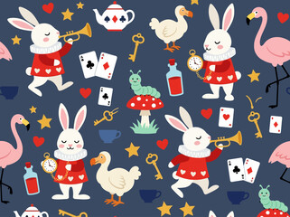 Alice in Wonderland Seamless Pattern, Fantasy Fairy Tale Vector with White Rabbit, Flamingo, and Playing Cards © Eros
