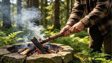 Fototapeta premium Traveler Adjusting Burning Wood Log in Outdoor Stone Fire Pit Inside Lush Woodland
