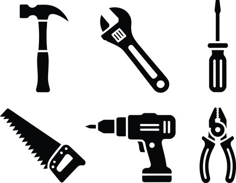 Hand tools silhouette icon set illustration, hammer wrench screwdriver saw drill pliers vector art