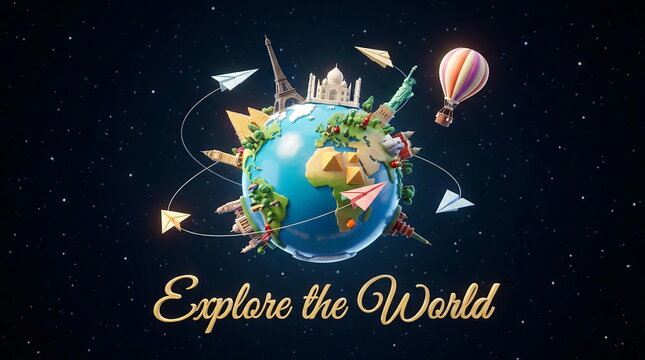 3D Earth globe with world landmarks and travel icons.