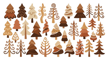 A collection of stylized Christmas tree icons in warm earthy brown tones, featuring unique hand-drawn shapes and textures on a white background. © Hulu