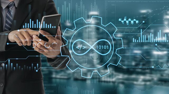 Businessman Holding Smartphone with Digital Interfaces and Data Visualization Representing Technology Integration and Innovation in Finance Sector. Entropy.