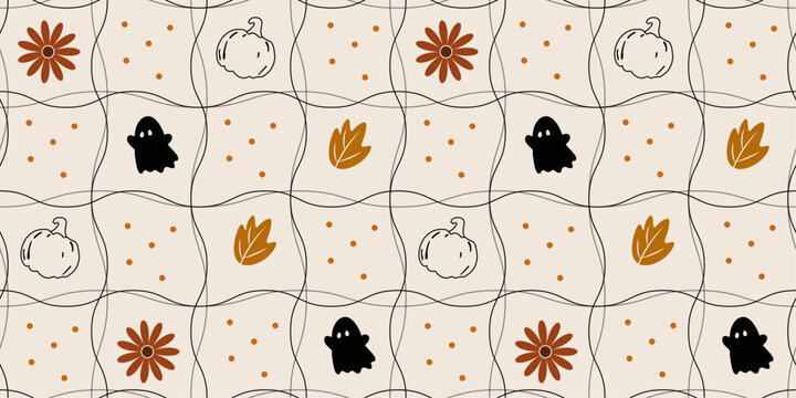 Halloween Seamless Pattern with Ghost Pumpkin Leaves Cute Autumn Floral Background