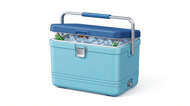 3D vector graphic of a blue portable ice bucket cooler box with frozen cubes and bottles for outdoor recreation and camping trips