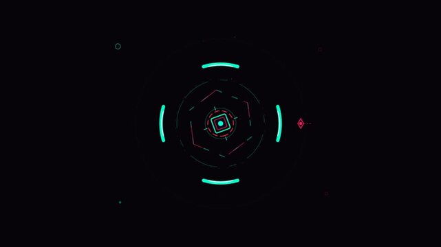 Glowing cyan and red digital hud interface rotating on dark backdrop