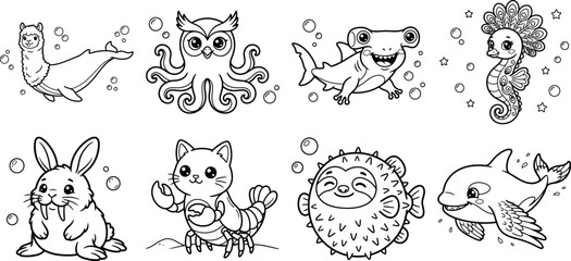 Fototapeta premium Cute black and white coloring book illustrations of animals with fantasy sea elements