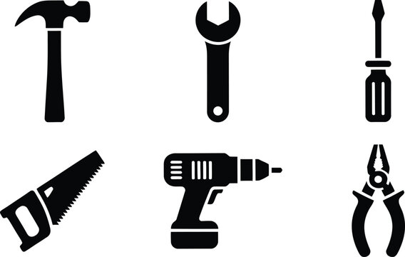 Hand tools silhouette icon set illustration, hammer wrench screwdriver saw drill pliers vector art, construction repair