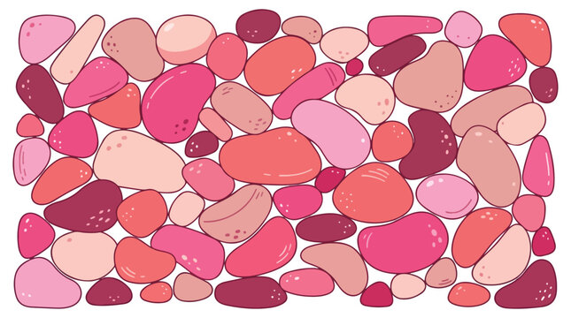 This vector illustration features an assortment of smooth, rounded stones in varying shades of pink and red, tightly packed into a rectangular composition.