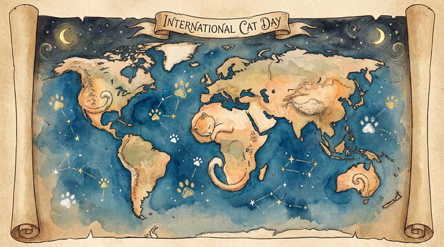 Antique map scroll featuring world continents shaped like cats.