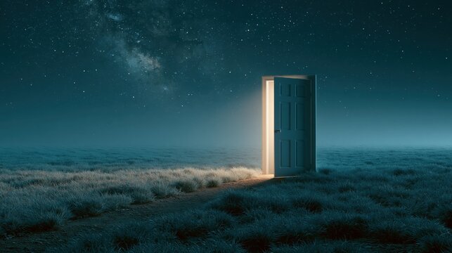 Open door standing alone in a field under a starry night sky opportunity and possibility concept