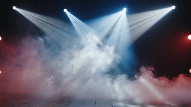 Stage Lighting with Blue Spotlights and Fog Creating Dramatic Atmosphere