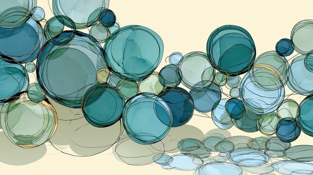 Translucent teal glass discs and circles abstract organic shapes illustration
