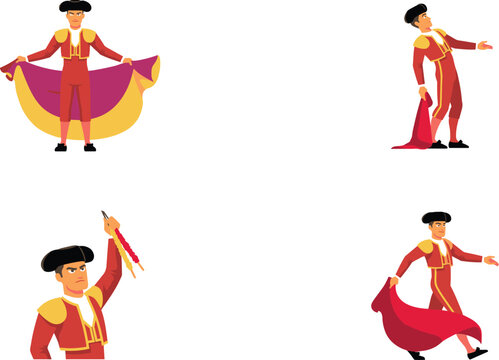 Traditional Spanish Matador Character Set Featuring Bullfighter in Red Traje de Luces Costume Holding Capote and Muleta Red Capes
