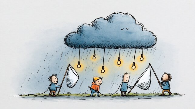 Children catching glowing lights falling from a rain cloud with nets hope illustration