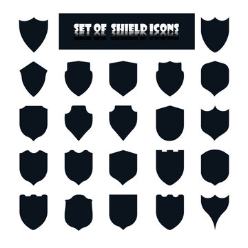 Set of 22 shield icons with various medieval and modern symbols
