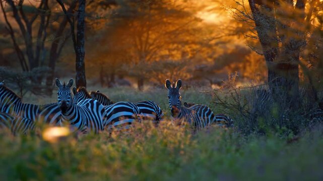 Group of zebras grazing in african savanna during beautiful golden