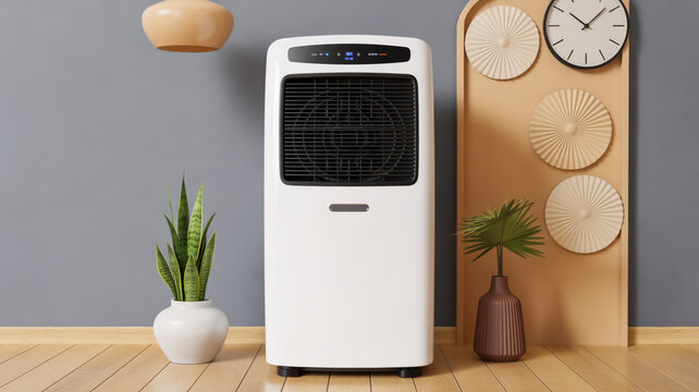 A product advertisement for a modern standalone portable air conditioner unit in a minimalist stylish living room interior