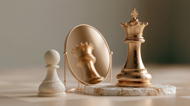 Chess pawn facing a king reflection in a mirror ambition and potential concept