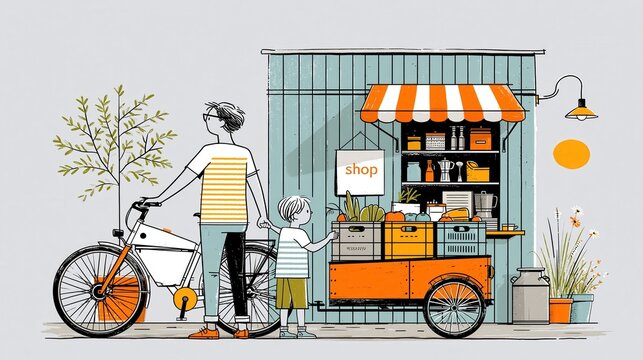 Family visiting a cargo bike local shop at a market community small business illustration