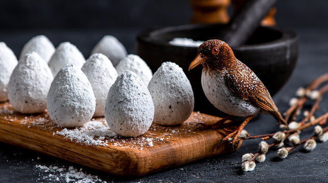 Festive easter treats shaped like eggs covered in coconut flakes on wooden board
