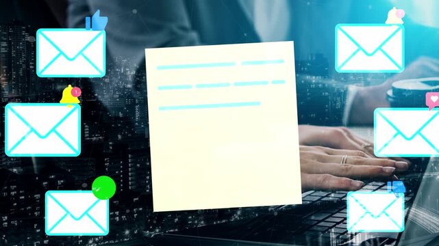 Concept of Digital Communication with Email Icons and Sticky Note on Laptop, Representing Modern Office Work and Productivity, Vivid Colors and Background. Entropy.