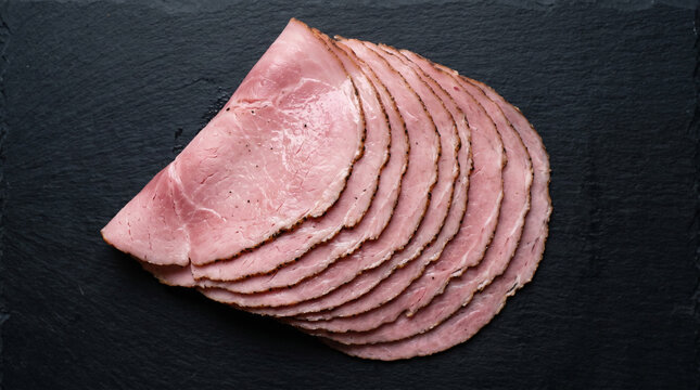 Sliced smoked ham fan on dark stone background.