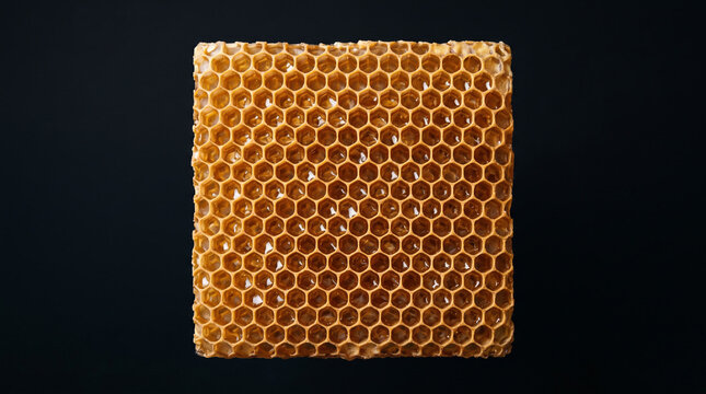 Square section of natural golden honeycomb on dark surface.