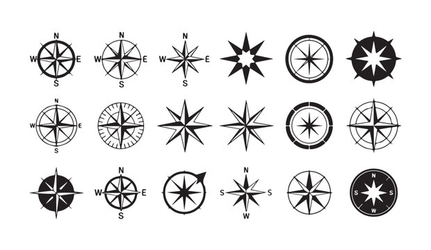 Directional star collection featuring diverse compass rose designs and orientation symbols for mapping work.