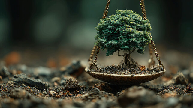 Environmental justice concept depicting tree and scales illustrating legal balance sustainable ecosystems and fairness in environmental governance and policy