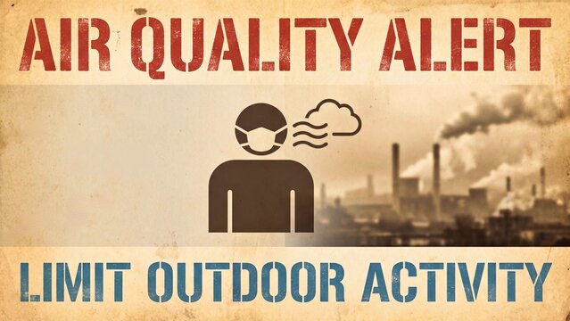 Air quality alert poster warning about outdoor pollution risk and urging public health protection from industrial smog