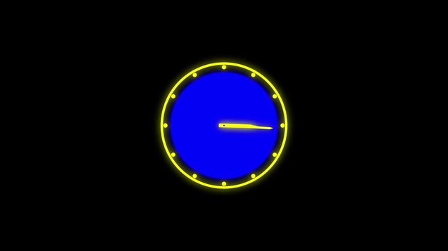 Neon clock face with yellow border and blue center on black background time