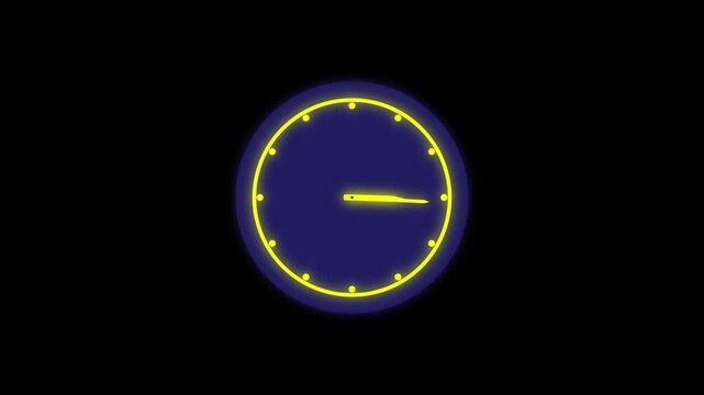 Glowing yellow clock face with dark blue center on black background neon time