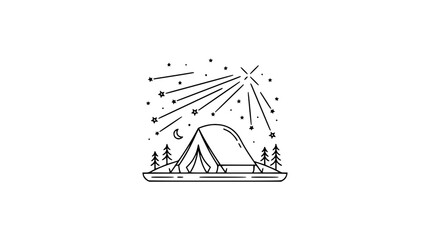 Minimalist camping tent under starry night sky with shooting stars and crescent moon © yisun