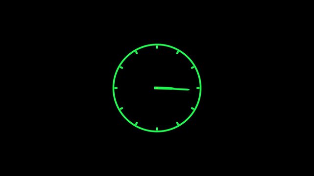 Minimalist glowing green analog clock face on black background a simplified